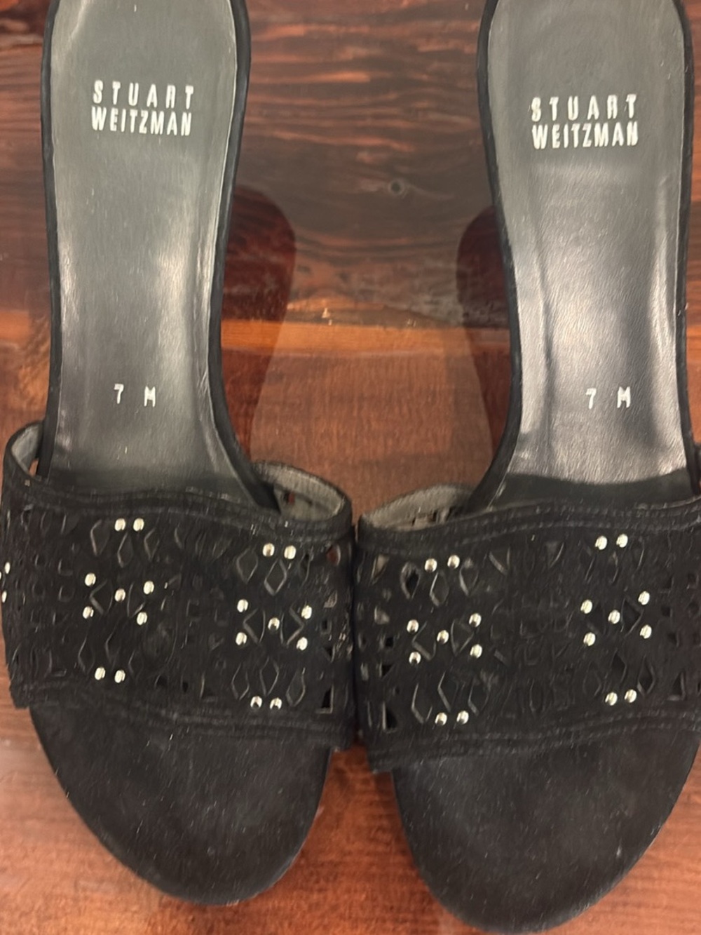 Stuart Weitzman Black Suede Studded Slide Mules